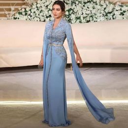 Sky Mavisi Fas Kafes Anne Elbiseleri V Boyun Müslüman Arapça Dubai Düğün Konuk Balo Feshi Gowns
