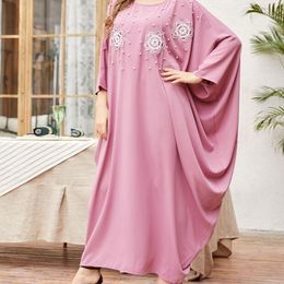 Ethnic Clothing Pink Pearl Beaded Embroidery Dressing Gowns Women Ramadan Eid 2023 Elegantd Batwing Sleeve Muslim Arabic Oman Robe RV329