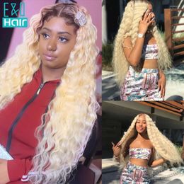 Curly 13X4 Lace Front Human Hair Wigs For Black Women PrePlucked Brazilian Remy #4/613 Honey Blonde Transparent 150%