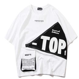 Men's T-Shirts Summer Tshirt Hip Hop Streetwear Zipper Design Pocket Patchwork T-shirt Harajuku Short Sleeve Tops Tees Loose Cotton Y2302