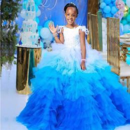 Girl Dresses White And Blue Coloful Tier Flower Girls Puffy Tulle Ruffles Skirt Kids Birthday Party Gowns Feather Child Pageant Dress