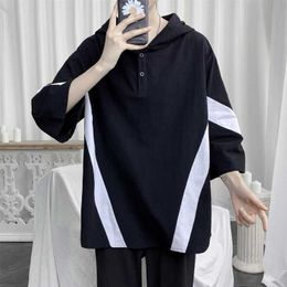Men's T-Shirts 2022 summer new color matching t-shirt men's hooded fat plus size Korean fashion half sleeve white top Y2302