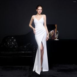 Party Dresses Beauty-Emily Sexy Sling V-Neck Evening Long Women Gowns Sleeveless Satin Open Back Beads Mermaid Formal Dress