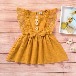 Girl's Dresses Summer Lace 3-8Years Baby Girls Dress Kids Bowknot Flowers Print Ruffles Sleeve Knee Patchwork Length A-Line Vestido Robe Fille 0131