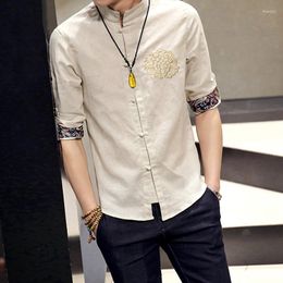 Men's T Shirts Spring And Summer Fashion Embroidery Shirt Male Three Quarter Sleeve Top Cotton Linen Plus Size