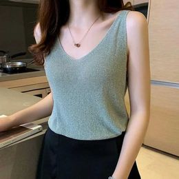 Women's Tanks Camis Bright Silk Ladies Tank Top Summer Clothing Vests For Women Shiny Elastics White Trend Korean Fashion Elegant Tanks And Camis Y2302