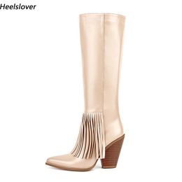 Heelslover New Women Winter Mid Calf Boots Block Heels Pointed Toe Beautiful Apricot Party Shoes Ladies US Size 5-13