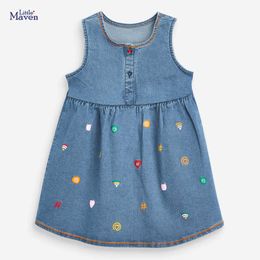 Girl's Dresses Little maven 2023 Baby Girls Summer Denim Dress Cotton with Lovely Patterns New Fashion Solid Clothes Casual Kids 2-7 0131