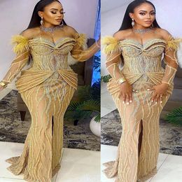 2023 Arabic Aso Ebi Gold Mermaid Prom Dresses Beaded Feather Sexy Evening Formal Party Second Reception Birthday Engagement Gowns Dress ZJ137