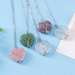 Pendant Necklaces Reiki Natural Crystal Heart Shape Necklace Quartz Gem Jewelry Wrap Wire Semi-precious Stones Dangle For Women Men Lovers