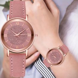 Wristwatches Stylish And Casual High Quality Ladies Rose Gold Dial Leather Strap Full Diamond English Watch Student Girl Simple Vintage Cloc