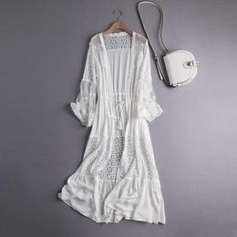 Women's Swimwear Beach Cover Up Lace White Long Kimono Women Swimsuit Tunic Plus Size Maxi Kaftan A435