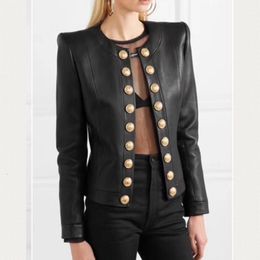 Womens Leather Faux Customised double breasted metal buttons leather jacket female round neck soft real coat natural sheep tops F919 230131