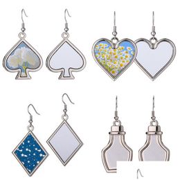 Charm Creative Thermal Transter Sublimation Blank Designer Earrings Heart Club Spade Diamond Square Bottle Diy Sier Women Earring Je Dhka2