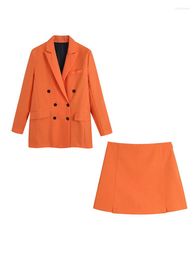 Two Piece Dress BBWM 2023 Women's Orange Suit Set Office Ladies Long Sleeve Double Breasted Blazer Fashion Casual Short Skirt