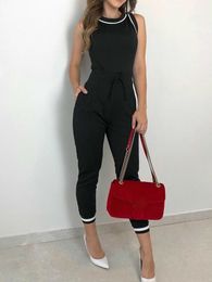 Women's Jumpsuits Rompers Contrast Binding Tie Waist Casual Jumpsuit Women Rompers Sleeveless Summer Overall 230131