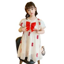 Girl's Girls Dresses Red Bow Flower Embroidered Princess Summer Children's dress puff Sleeves Tutu for 6 7 8 9 10 11 12 Years