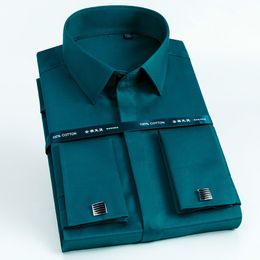 Men's Casual Shirts Quality Cotton 100 French Cufflinks Solid Hidden Button Dress Shirt Formal Standardfit Long Sleeve Cuffs 230201