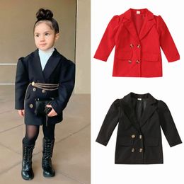 Jackets Toddler Baby Girls Double Breasted Two Button Puff Sleeves Blazer Lapel Suit Jacket Autumn Outwear Coat Clothes 230131