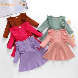 Girl Dresses Spring Full Sleeve Solid Ruched Knee-length Dress Sweater Kids Baby Young Children Casual Clothes 1-6Y