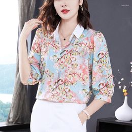 Women's Polos Chiffon Shirt Blouse Women's Printed Summer Seven-point Sleeve Polo Korean Fashion Loose Ladies Tops Para Mujer