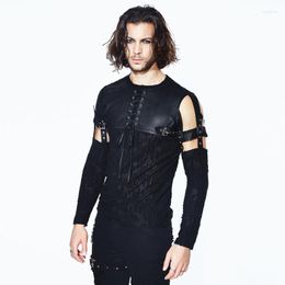 Men's T Shirts Devil Punk T-shirt Retro Long-sleeved Leather Stitching Top Autumn And Winter Casual Wear Off-shoulder