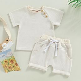 Clothing Sets 0-36months Unisex Baby 2pcs Summer Suit Short Sleeve Waffle Knit T-Shirt Knot Front Shorts Set Infant Boys And Girls Casual