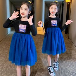 Girl's Autumn Winter Kids Dresses Long sleeve Cotton Stitching Mesh Tutu Child Girls Clothing Blue Fairy Princess One-piece Dress 0131