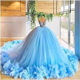 Stunning Sweet 15 Sky Blue Ball Gown Quinceanera Dresses Sexy Spaghetti Strap Beads Appliques Ruffles Long Evening Prom Dresses