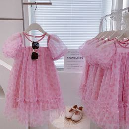 Girl's es Girls Summer Mesh Outer Wear Children Clothing Baby Kids Clothes Sweet Floral Vestidos Novel Pink Flower Princess Dress 0131