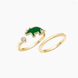 Cluster Rings Fashion 925 Sterling Silver Green Little Rhino Double 2 In 1 Ring For Women Jewellery Protect The Animals Rhinoceros