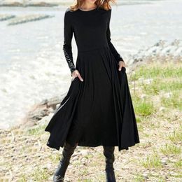 Casual Dresses Women Long Sleeve Dress Classic Vintage Fashion Solid Pocket Round Neck Ruffles Party Wedding