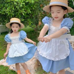 Girl's Children'S Sweet Princess Dresses For Girs Summer British Style Lace Apron Decoration Retro Puff Sleeve Dress Baby Kids Clothing 0131