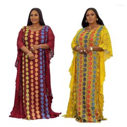 Ethnic Clothing African Dresses For Women 2023 Lace Plus Size Robe And Inner Striped Flower Round Neck Long Sleeve Abaya Femme Musulman
