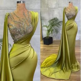 Arabic Lemon Green Mermaid Prom Dresses Sheer Mesh Top Sequin Beads Ruched Evening Occasion Wear Gowns Sheer Neck Sweep Train Robe de soriee