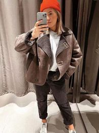 Womens Leather Faux PUWD Women Button Thick Warm Fur Jacket Coat Vintage Long Sleeve Pockets Fall Winter Female Outerwear Chic Tops 230131