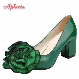 Dress Shoes Aphixta 7cm Square Heel Patent Leather Women Pumps Dark Green Flowers Officile Pointed Toe Plus Size 49 50 230201