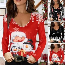 Women's Blouses Women Pullover Winter Christmas Snowman Cartoon Print T-shirt Long Sleeve VNeck Low Cut Warm Dress Up Elegant Top Female