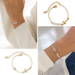 Strand Vintage Luxury Imitation Pearl Cross Bracelet Gold Colour Zirconia Bangle For Women Party Wedding Gift Jewellery Trendy Accessories