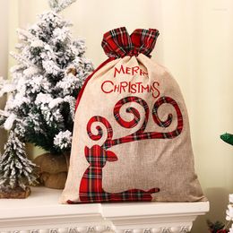 Christmas Decorations Candy Gift Big Bag Cute Santa Elk Printed Linen Tote Lattice Side Drawstring Pocket For Children