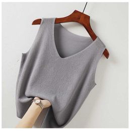 Women's Tanks Camis Ice Silk Camisole Women Summer Intside V-Neck Sexy Thin Sleeveless Bottoming Vest Casual Loose Knitwear Solid Slit Tank Tops Y2302