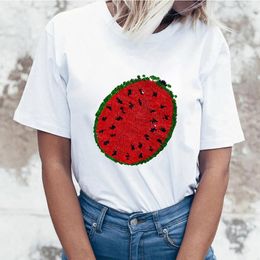 Women's Blouses Cotton White Women Watermelon Changing Sequins Blouse Fashion O Neck Short Sleeve Casual Loose Holiday Shirts Roupas