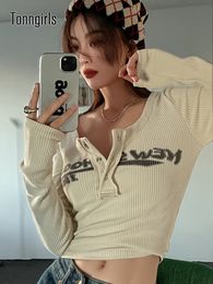 Womens TShirt Tonngirls Retro Graffiti Print Elastic T Shirt Women Sexy Slim Crop Top Ribbed Long Sleeve Oneck Tops Grunge Tee Korean 230131