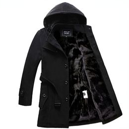 Men's Wool Blends Thicken Fleece Hooded Coat Winter Stand Collar Long Trench Men Casual Pocket Hoodie Jacket Overcoat 230201