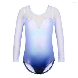 Stage Wear BAOHULU Girls Sequin Blue Ballet Leotard Chiffon Long Sleeve Gymnastics Soft Touch Dance Bodysuit Ballerina Costume