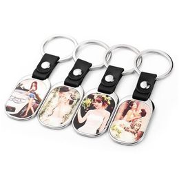 Keychains Lanyards Fashion Thermal Transter Diy Sublimation Blank Leather Square Round Oval Keychain Po Frame Keyring Sier Plated Dh9Rt
