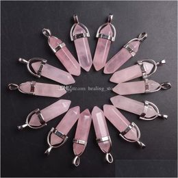 Charms Natural Stone Rose Quartz Pink Crystal Pendant Assorted Hexagonal Column Pendants For Earrings Necklace Jewelry Makin Dhgarden Dh2Op