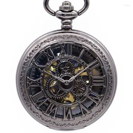 Pocket Watches High Quality Mechanical Self Wind Quartz Skeleton Dial Gear Roman Numbers Fob Gift For Men Women PJX1361