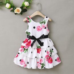 Girl Dresses Pretty Princess Summer Sleeveless Flower Tiered Belt Bow Knee-length Dress Toddler Kids Baby Children Casual Clothes 2-7Y