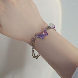 Charm Bracelets JWER Women Amethysts Purple Butterfly Natural Crystal Stone Beads Stainless Steel Jewellery Quartz Rhinestone